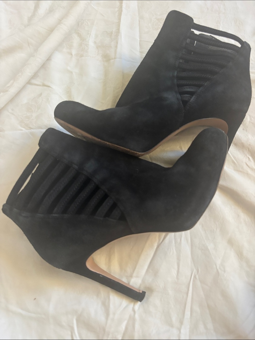 Via Spiga Black Suede Cutout Stiletto Booties, Sz 7.5